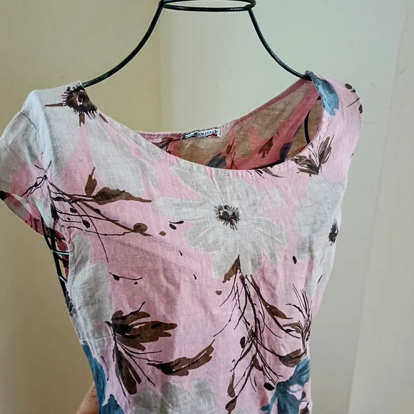 NWT PURO LINO 100% Linen Dress Made in Italy Floral Print Cap Sleeve Pockets M - Picture 6 of 17